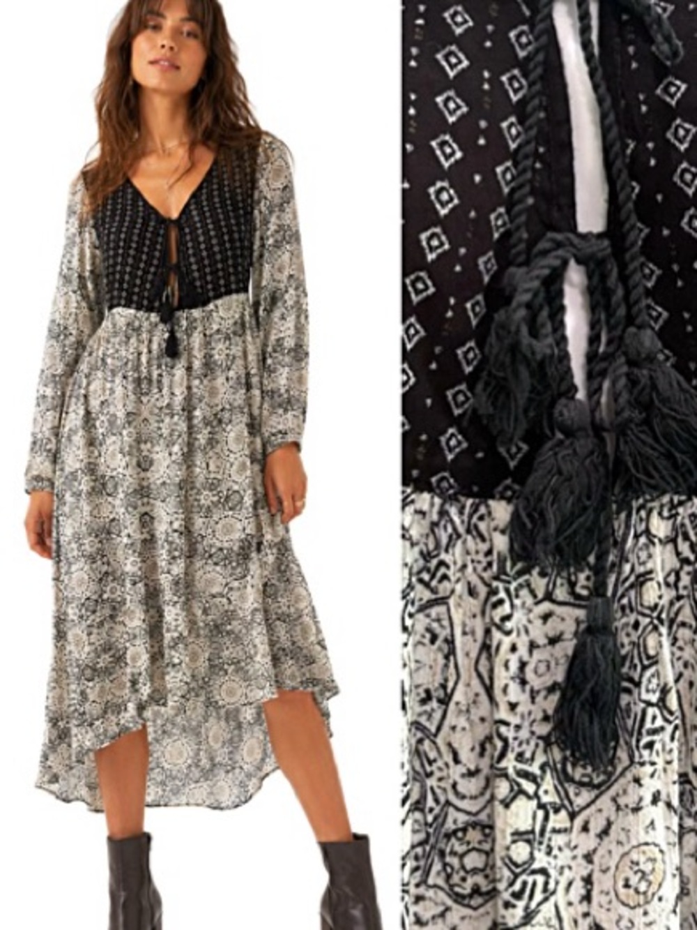 En Creme Peasant Midi Dress Size M Crinkled Mixed Print Long Sleeve Cottagecore